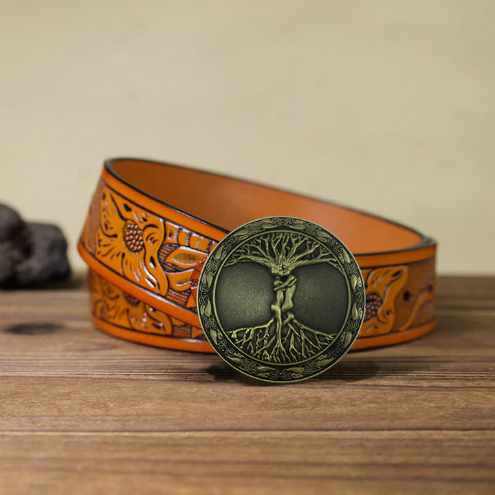 Ceinture en cuir à boucle en orme et frêne pour homme avec arbre de vie