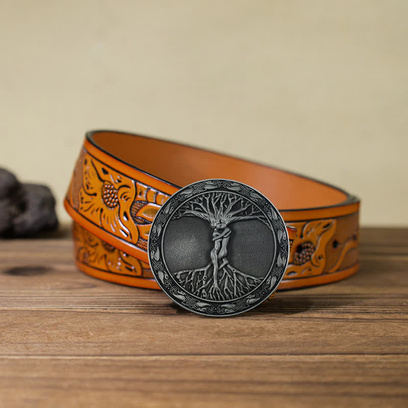 Ceinture en cuir à boucle en orme et frêne pour homme avec arbre de vie
