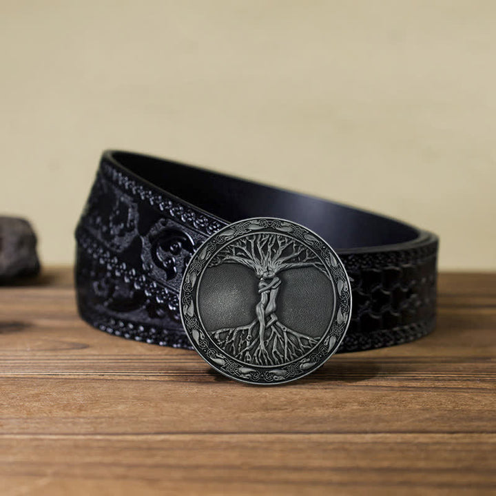 Ceinture en cuir à boucle en orme et frêne pour homme avec arbre de vie