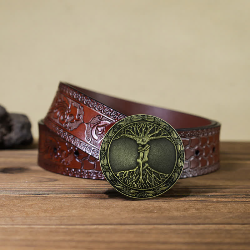 Ceinture en cuir à boucle en orme et frêne pour homme avec arbre de vie