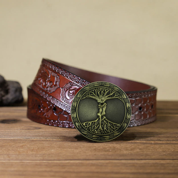 Ceinture en cuir à boucle en orme et frêne pour homme avec arbre de vie