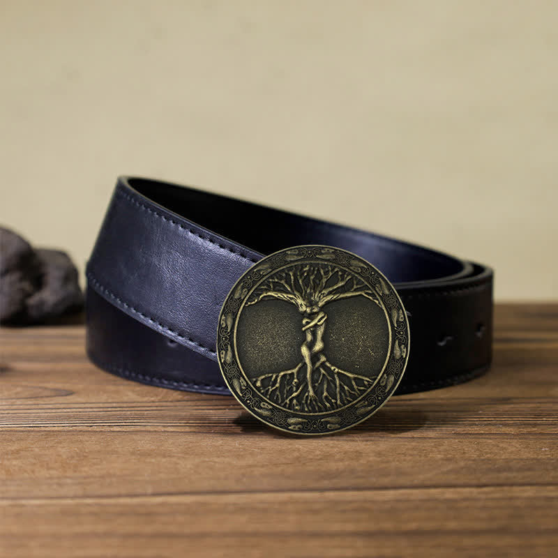 Ceinture en cuir à boucle en orme et frêne pour homme avec arbre de vie
