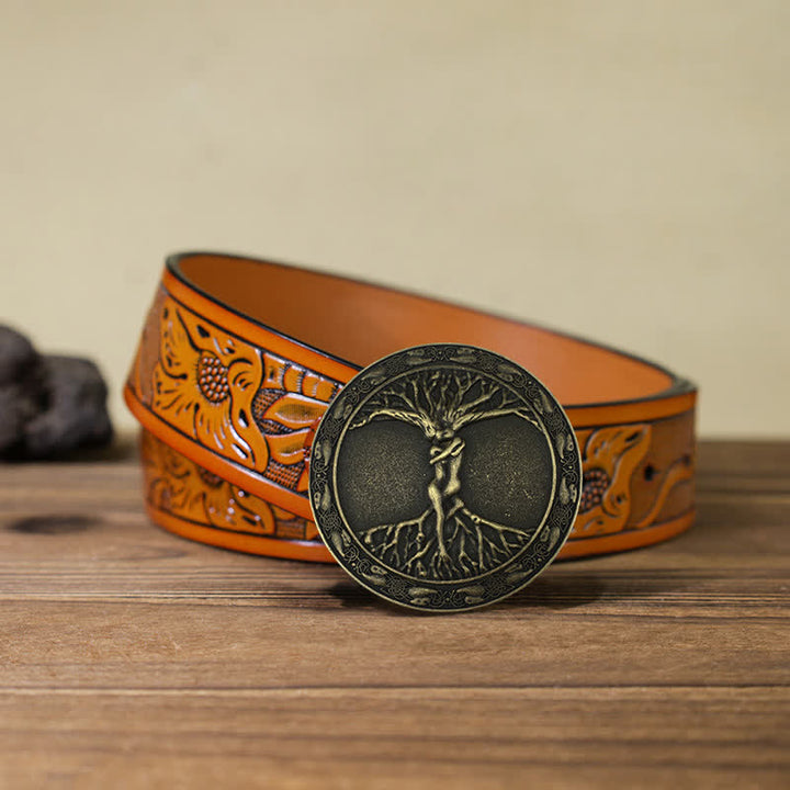 Ceinture en cuir à boucle en orme et frêne pour homme avec arbre de vie