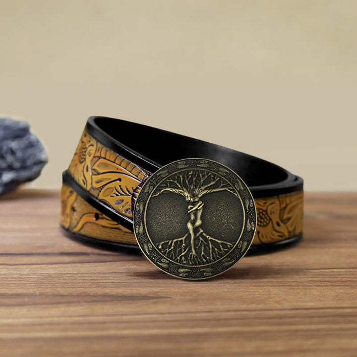 Ceinture en cuir à boucle en orme et frêne pour homme avec arbre de vie