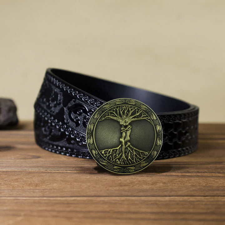Ceinture en cuir à boucle en orme et frêne pour homme avec arbre de vie