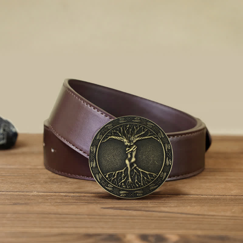 Ceinture en cuir à boucle en orme et frêne pour homme avec arbre de vie