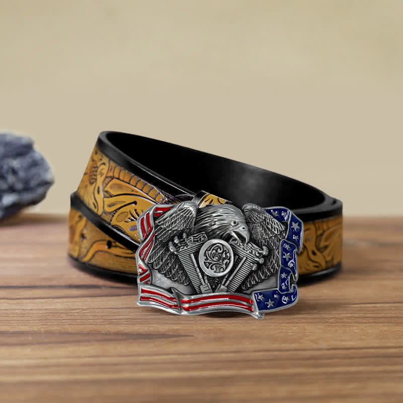 Ceinture en cuir à boucle multicolore patriotique pour homme avec motif aigle