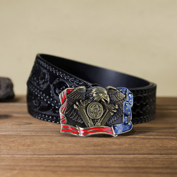 Ceinture en cuir à boucle multicolore patriotique pour homme avec motif aigle