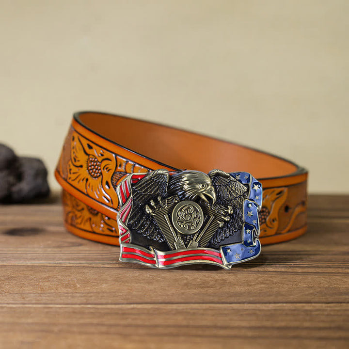 Ceinture en cuir à boucle multicolore patriotique pour homme avec motif aigle