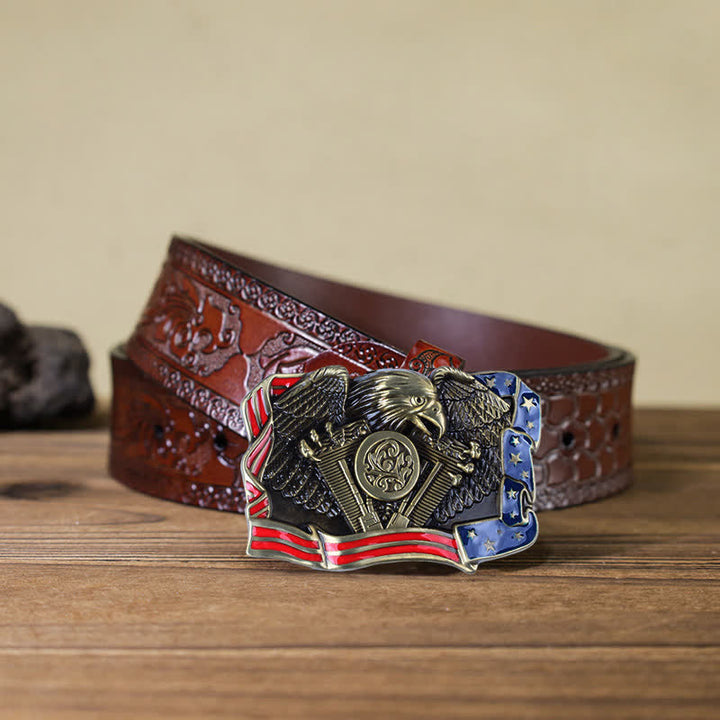 Ceinture en cuir à boucle multicolore patriotique pour homme avec motif aigle