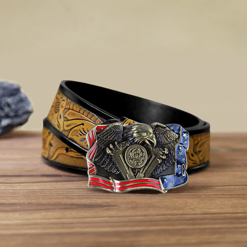 Ceinture en cuir à boucle multicolore patriotique pour homme avec motif aigle