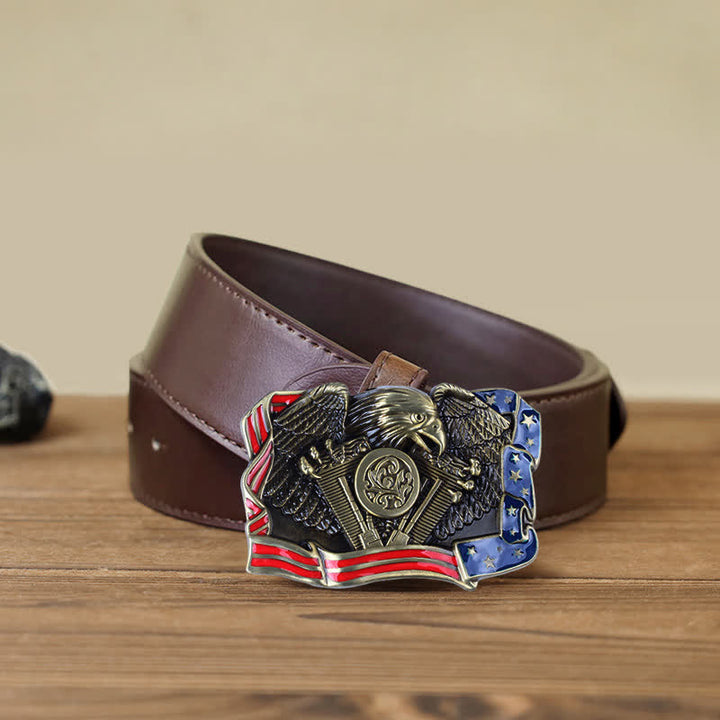 Ceinture en cuir à boucle multicolore patriotique pour homme avec motif aigle