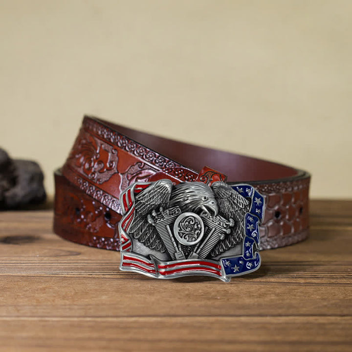 Ceinture en cuir à boucle multicolore patriotique pour homme avec motif aigle