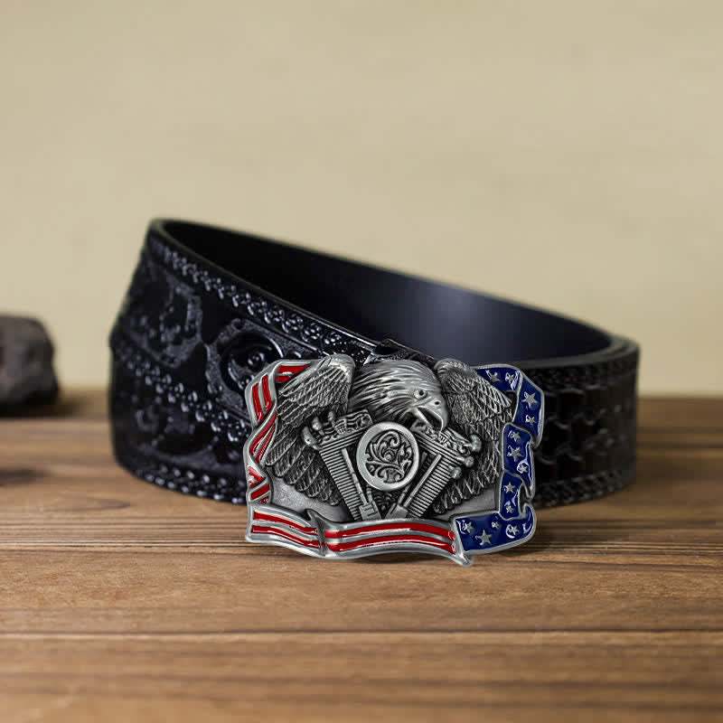 Ceinture en cuir à boucle multicolore patriotique pour homme avec motif aigle