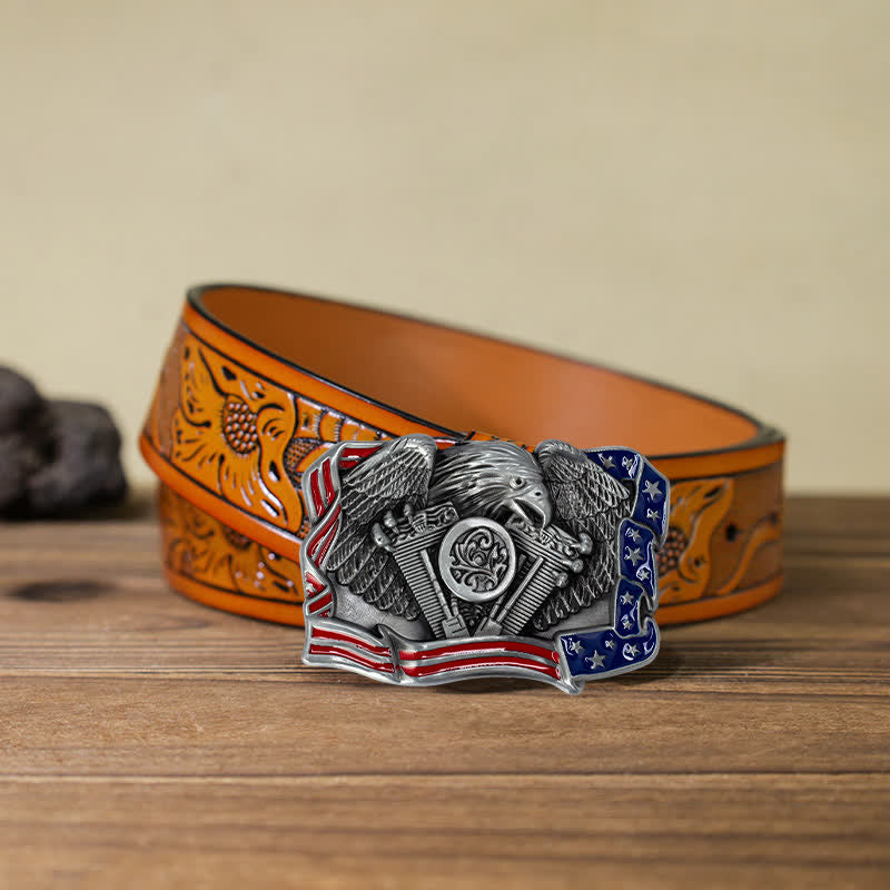 Ceinture en cuir à boucle multicolore patriotique pour homme avec motif aigle