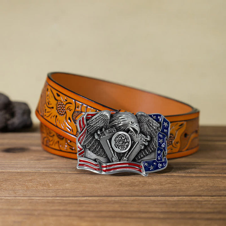 Ceinture en cuir à boucle multicolore patriotique pour homme avec motif aigle