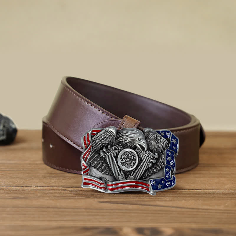 Ceinture en cuir à boucle multicolore patriotique pour homme avec motif aigle