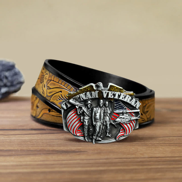 Ceinture en cuir à boucle pour homme, motif vétéran du Vietnam