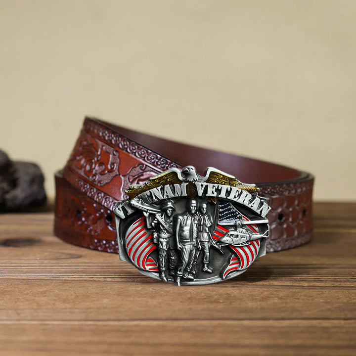 Ceinture en cuir à boucle pour homme, motif vétéran du Vietnam