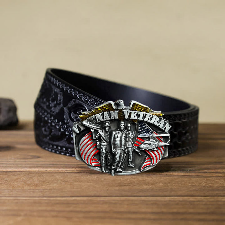 Ceinture en cuir à boucle pour homme, motif vétéran du Vietnam