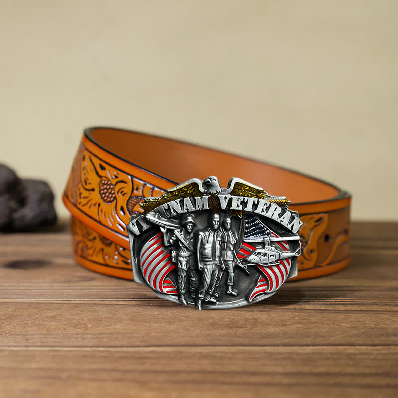 Ceinture en cuir à boucle pour homme, motif vétéran du Vietnam