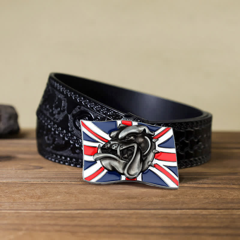 Ceinture en cuir à boucle pour homme avec drapeau britannique et tête de bouledogue