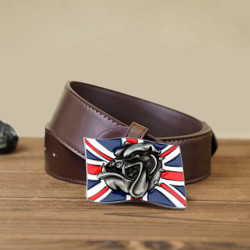Ceinture en cuir à boucle pour homme avec drapeau britannique et tête de bouledogue