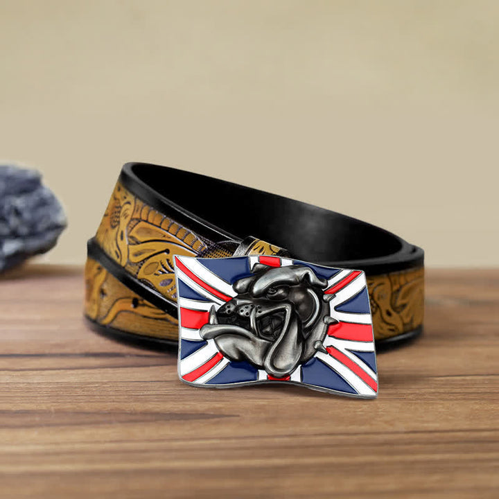 Ceinture en cuir à boucle pour homme avec drapeau britannique et tête de bouledogue