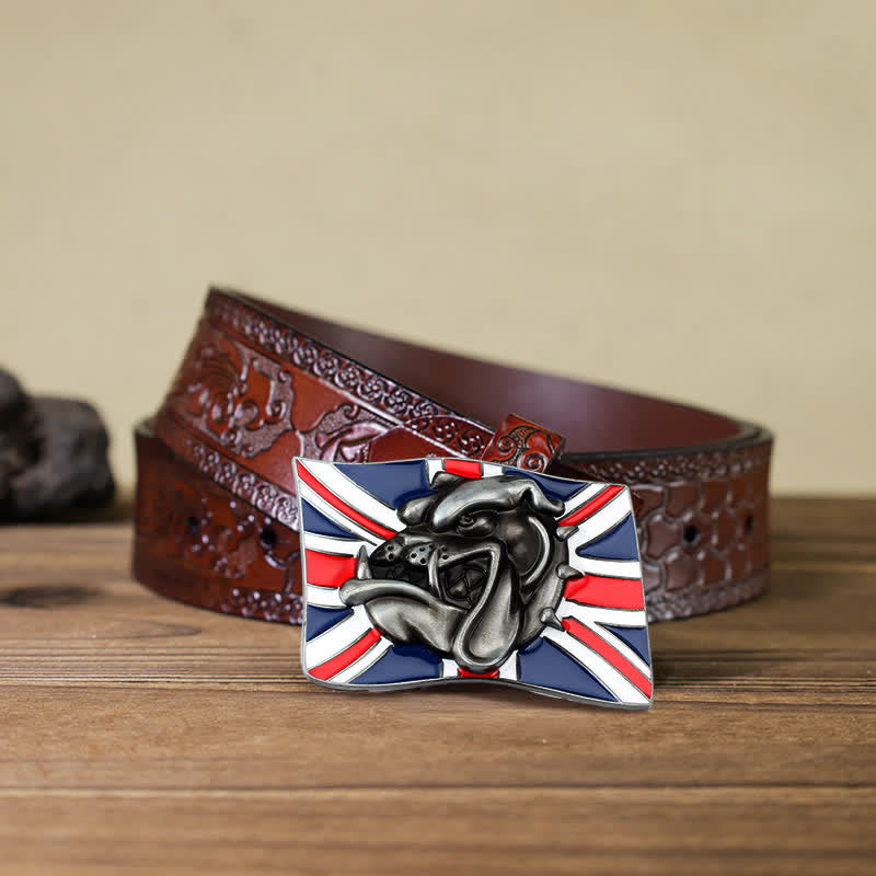 Ceinture en cuir à boucle pour homme avec drapeau britannique et tête de bouledogue