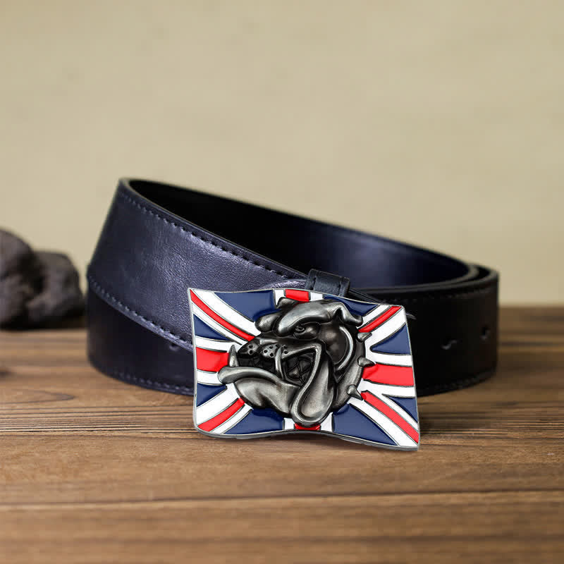 Ceinture en cuir à boucle pour homme avec drapeau britannique et tête de bouledogue