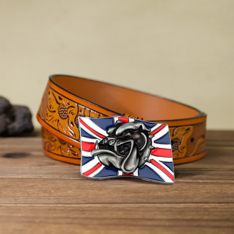 Ceinture en cuir à boucle pour homme avec drapeau britannique et tête de bouledogue
