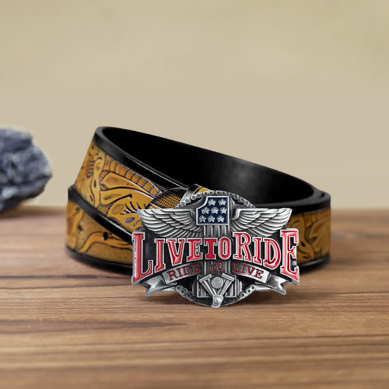 Ceinture en cuir à boucle pour homme avec ailes de moto Live To Ride DIY