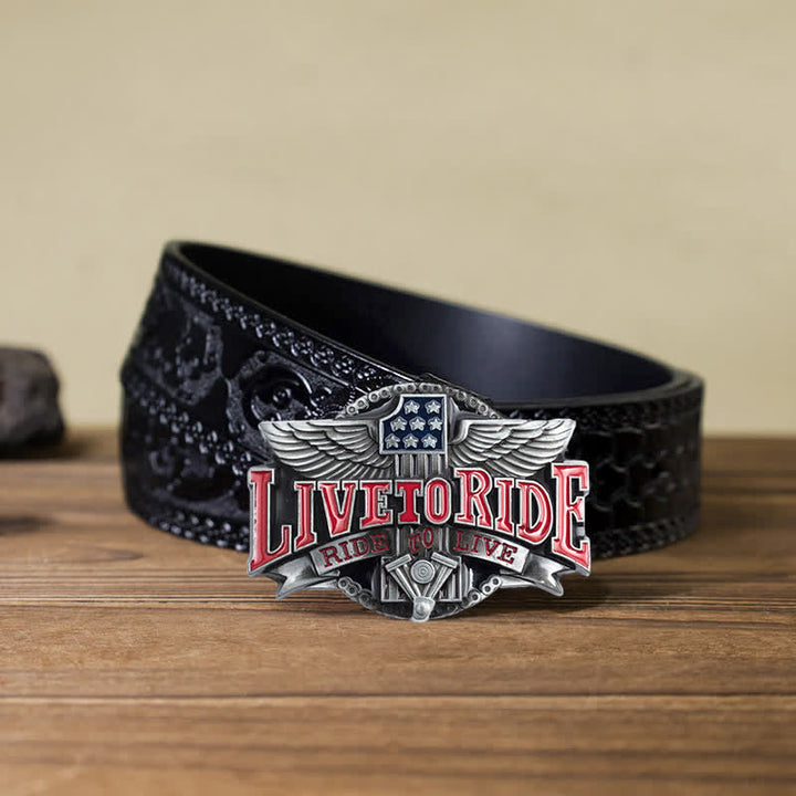 Ceinture en cuir à boucle pour homme avec ailes de moto Live To Ride DIY