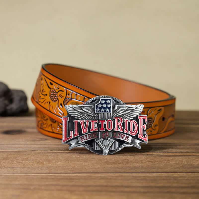 Ceinture en cuir à boucle pour homme avec ailes de moto Live To Ride DIY