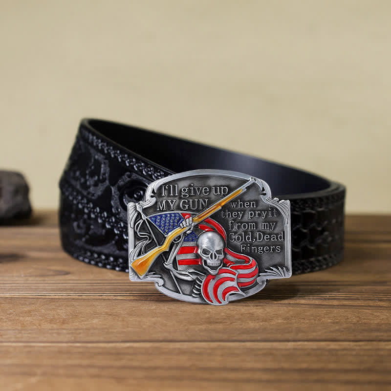 Ceinture en cuir à boucle tête de mort pour homme avec motif Give Up My Gun