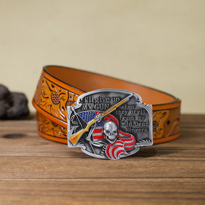 Ceinture en cuir à boucle tête de mort pour homme avec motif Give Up My Gun