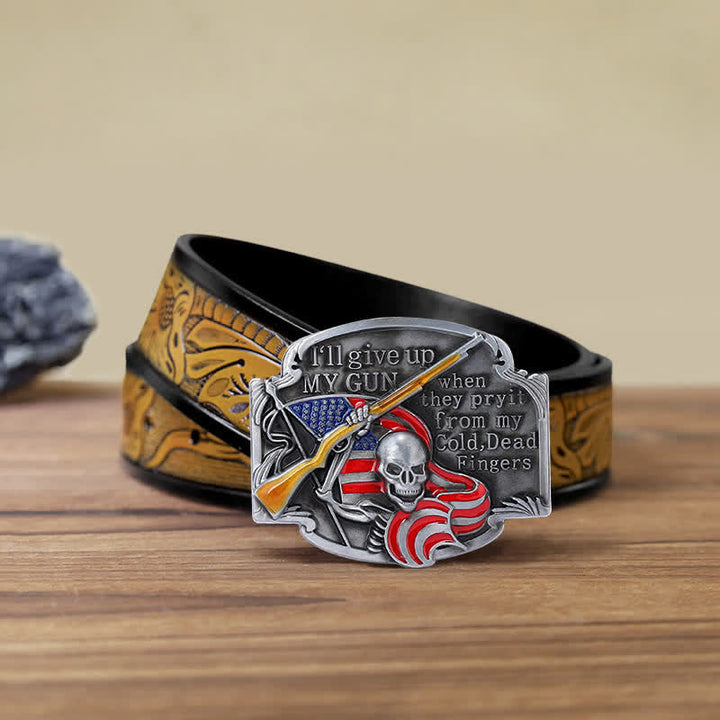 Ceinture en cuir à boucle tête de mort pour homme avec motif Give Up My Gun