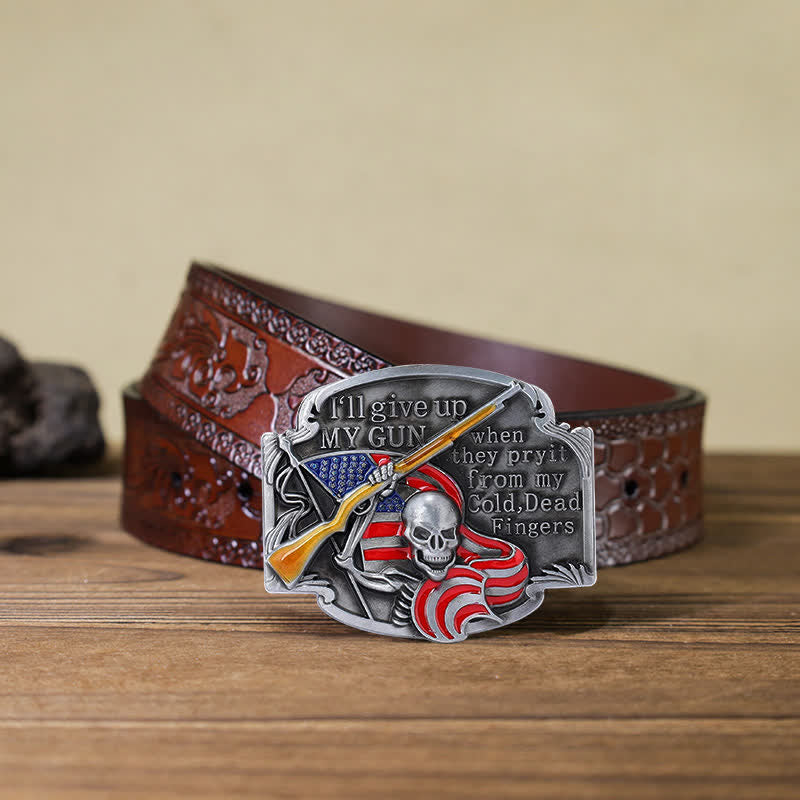 Ceinture en cuir à boucle tête de mort pour homme avec motif Give Up My Gun