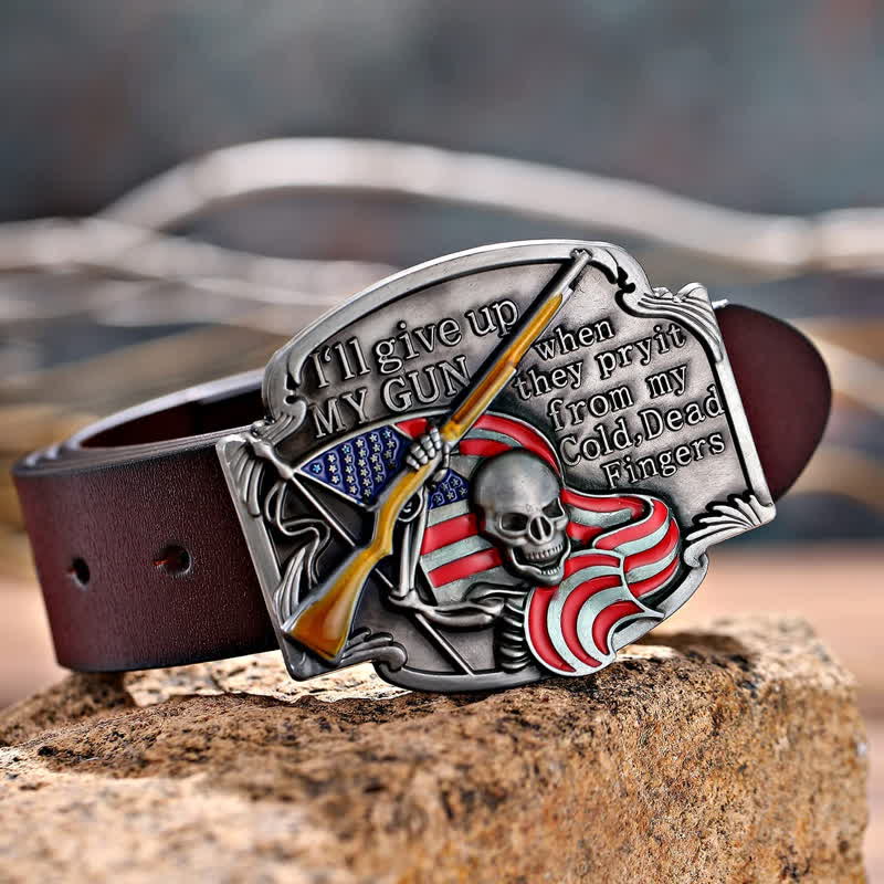 Ceinture en cuir à boucle tête de mort pour homme avec motif Give Up My Gun