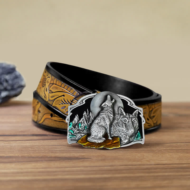 Ceinture en cuir à boucle pour homme avec motif forêt de deux loups