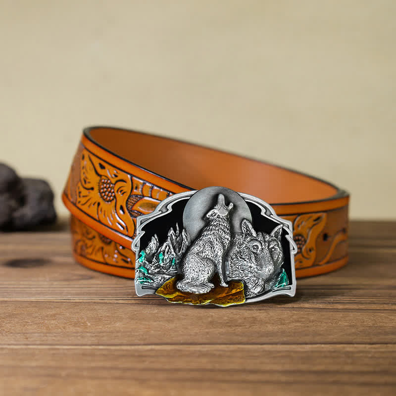 Ceinture en cuir à boucle pour homme avec motif forêt de deux loups
