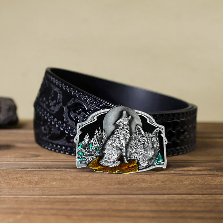 Ceinture en cuir à boucle pour homme avec motif forêt de deux loups