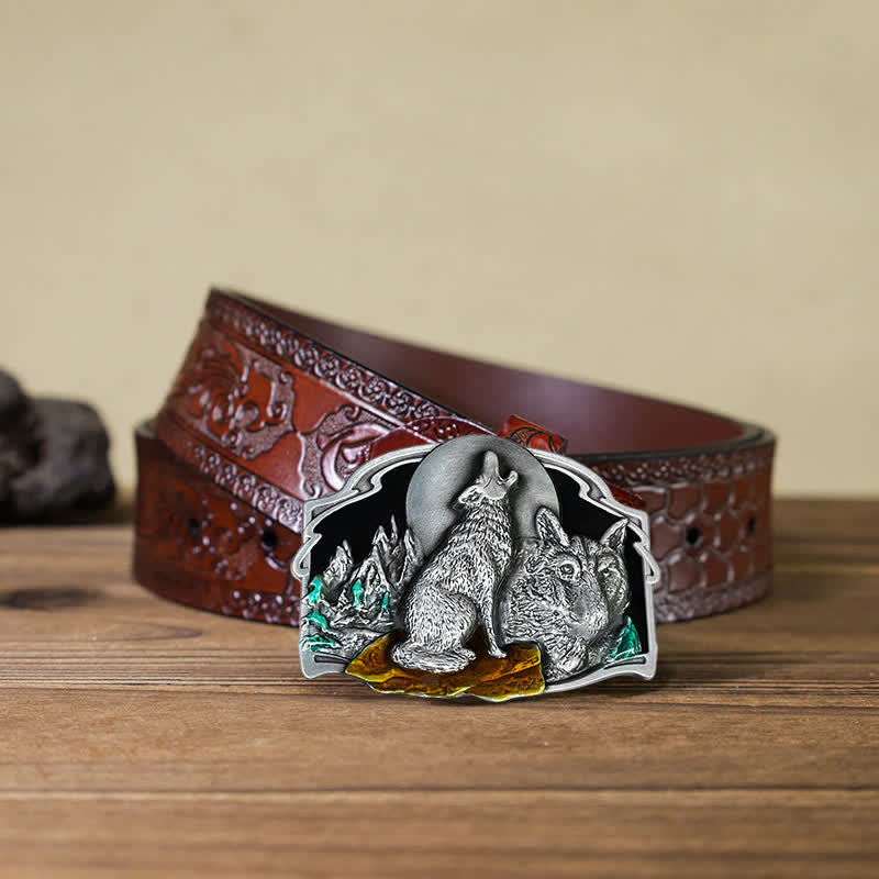 Ceinture en cuir à boucle pour homme avec motif forêt de deux loups