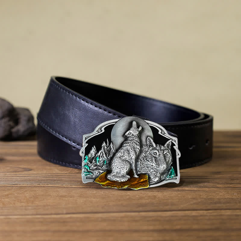 Ceinture en cuir à boucle pour homme avec motif forêt de deux loups