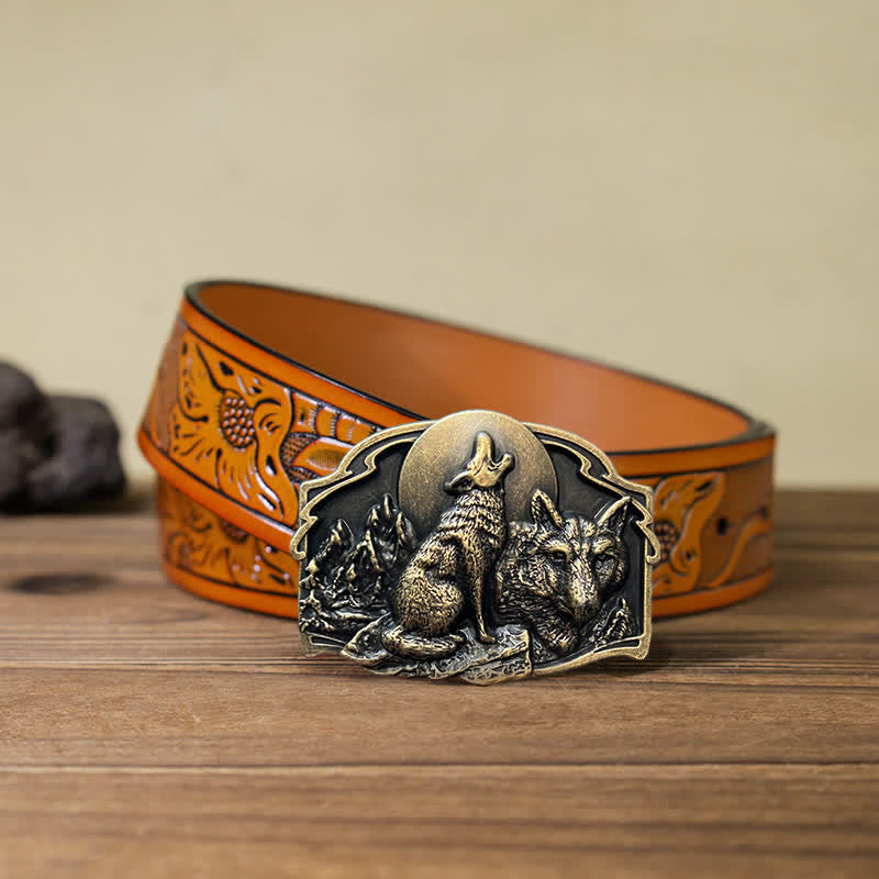 Ceinture en cuir à boucle pour homme avec motif forêt de deux loups
