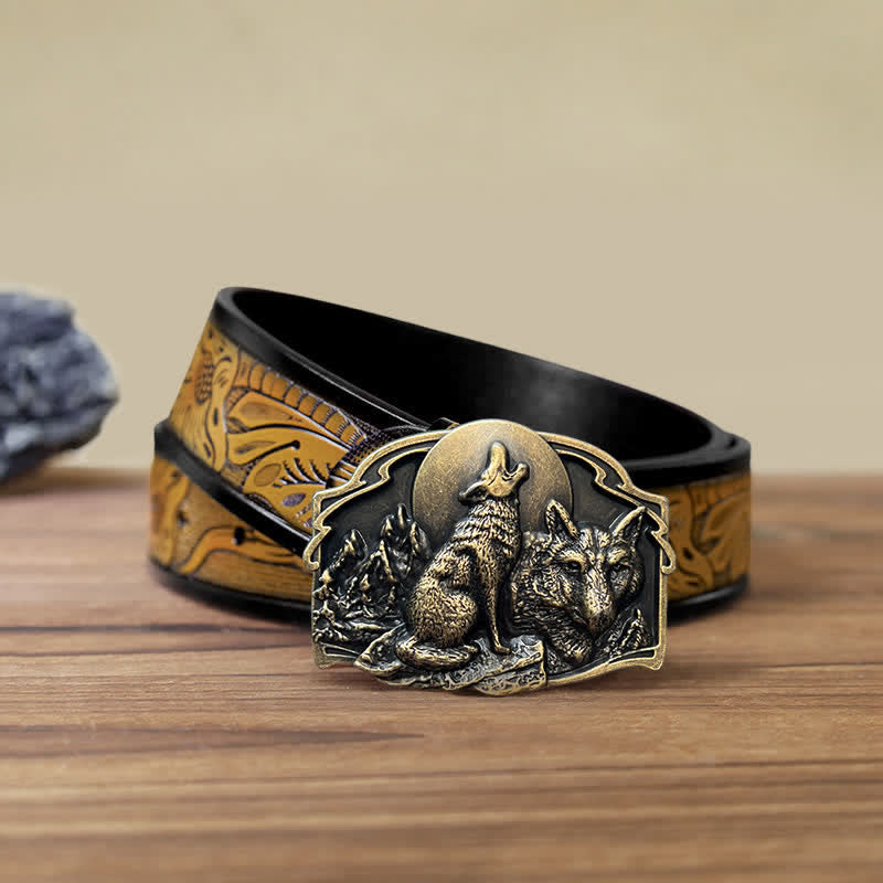 Ceinture en cuir à boucle pour homme avec motif forêt de deux loups