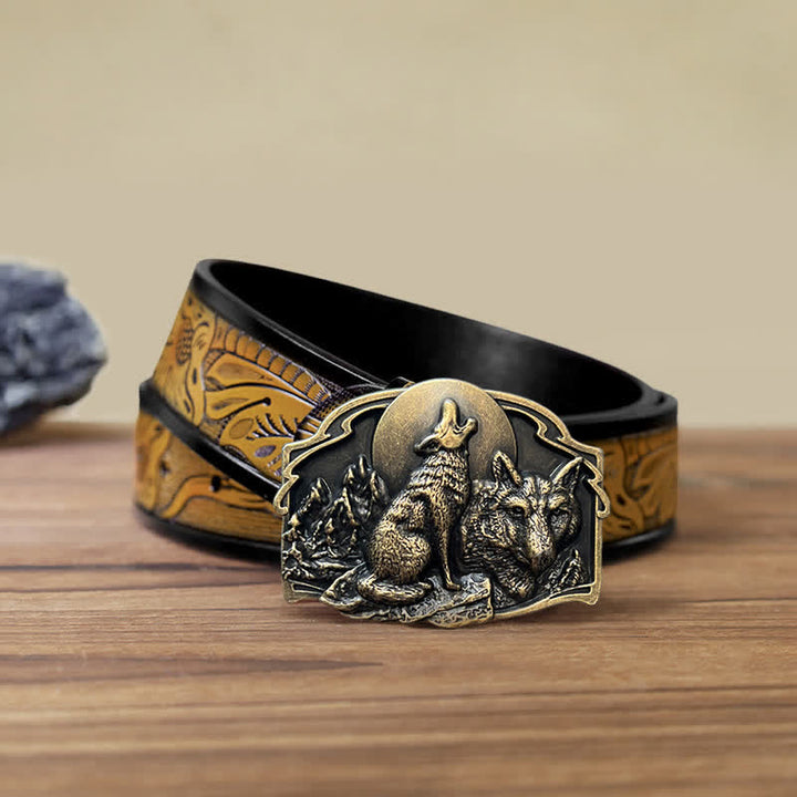 Ceinture en cuir à boucle pour homme avec motif forêt de deux loups