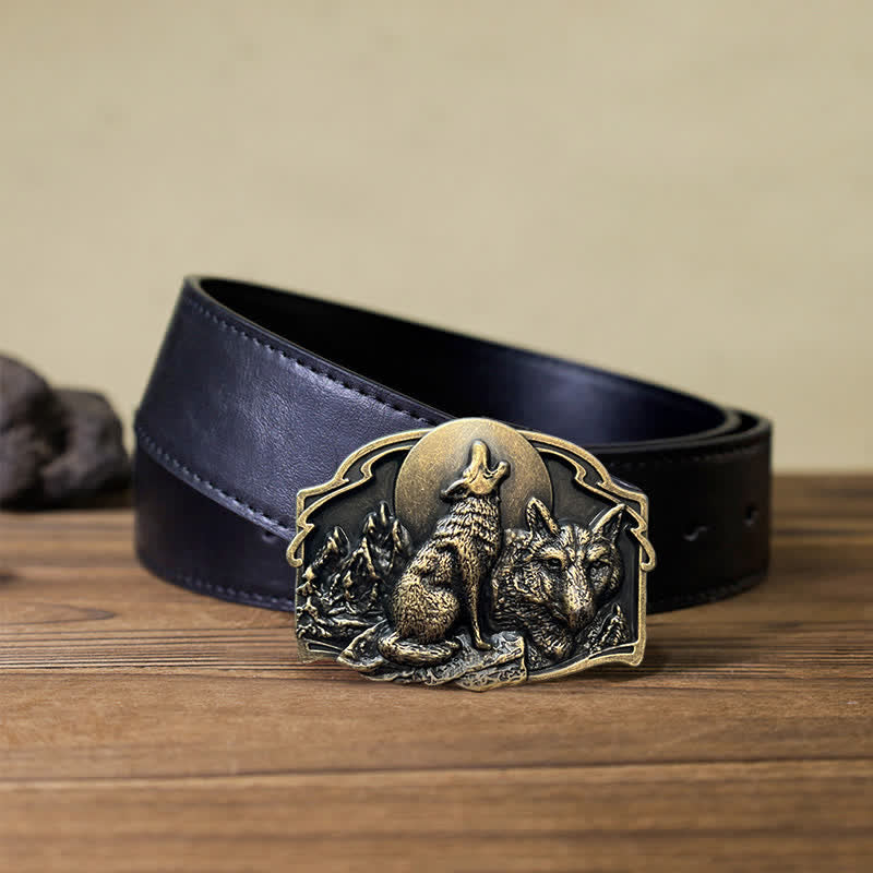 Ceinture en cuir à boucle pour homme avec motif forêt de deux loups