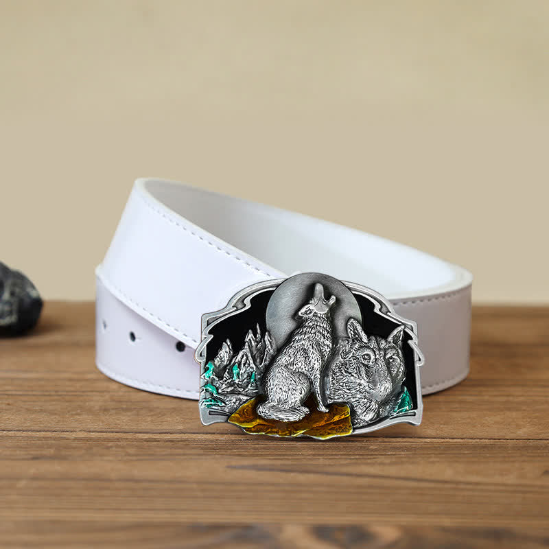 Ceinture en cuir à boucle pour homme avec motif forêt de deux loups