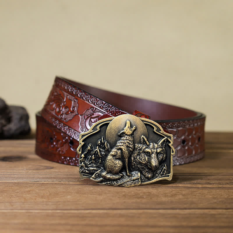 Ceinture en cuir à boucle pour homme avec motif forêt de deux loups
